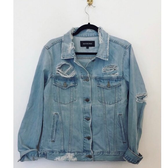 Urban Outfitters Neon Blonde Jean Jacket Light Wash Denim Distressed Blue XS - Picture 3 of 16